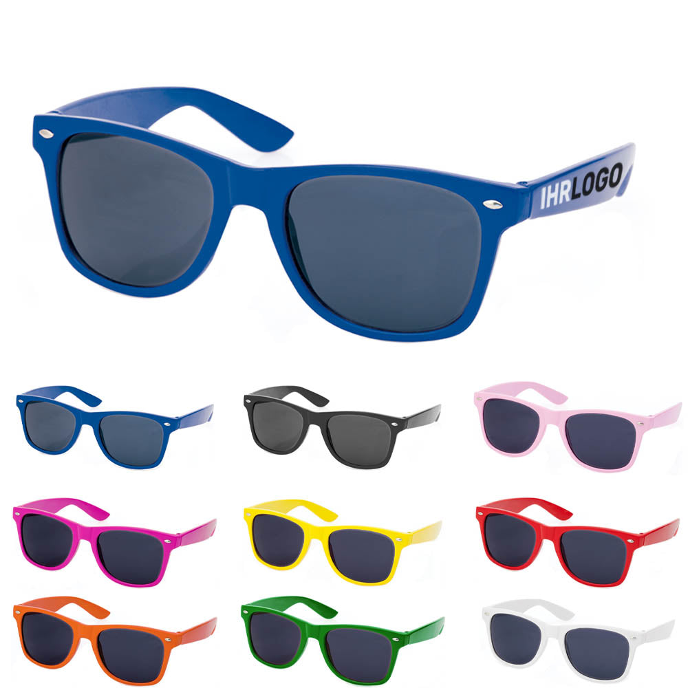 Sonnenbrille bedrucken mit Logo und Text - In vielen Farben erhältlich.