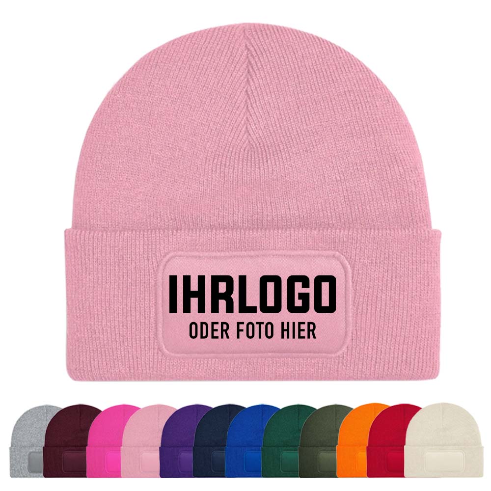 Beanie Mütze in Pink mit bedruckbarem Patchfeld