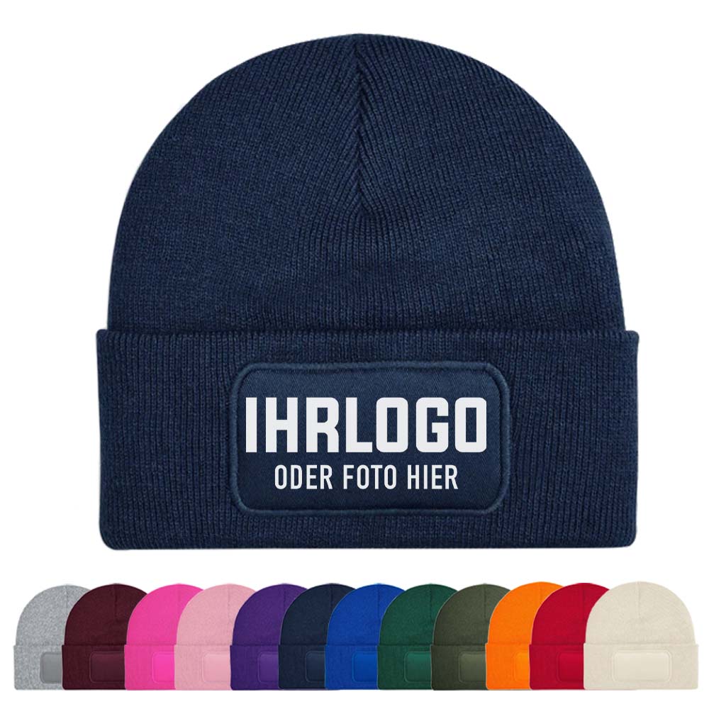 Beanie Mütze in Navy mit bedruckbarem Patchfeld