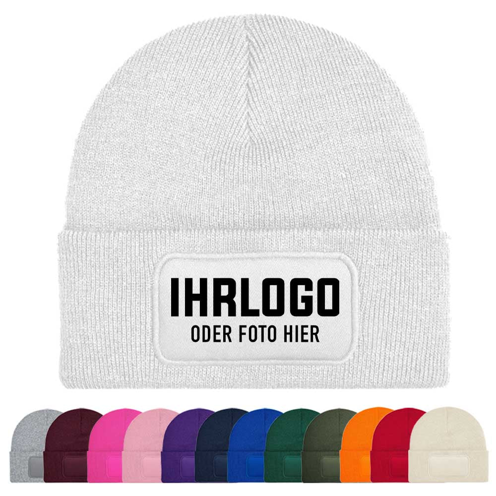 Beanie Mütze in White mit bedruckbarem Patchfeld