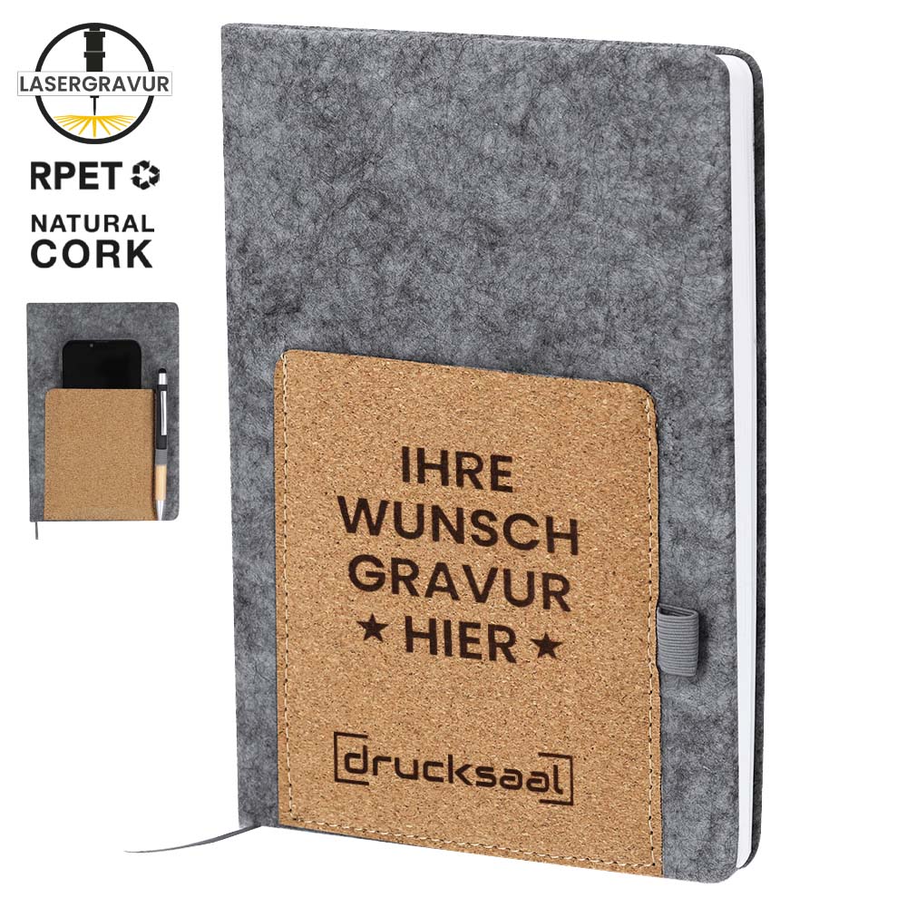 A5 Notizbuch aus RPET - Filz mit genähter Korktasche - Drucksaal