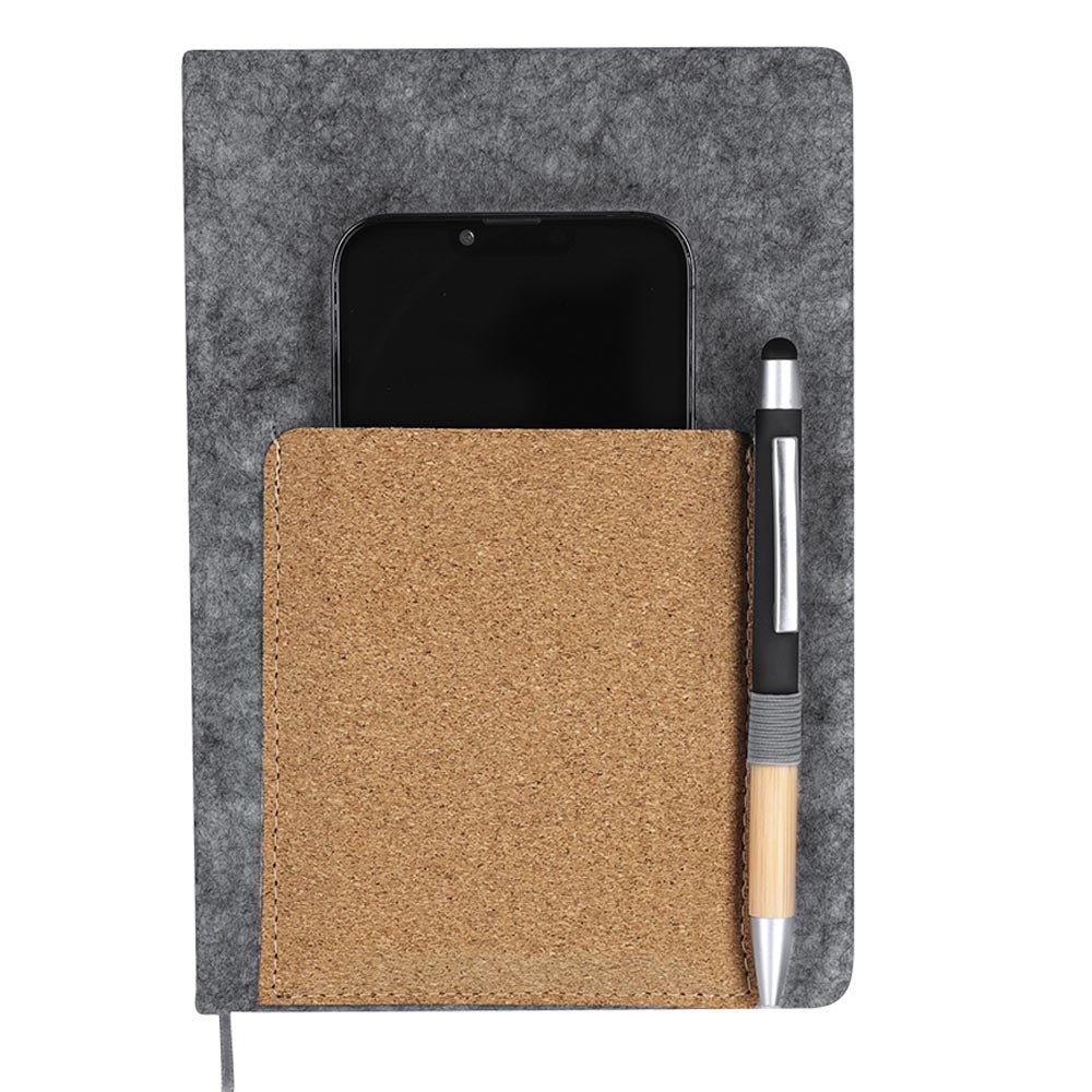 A5 Notizbuch aus RPET - Filz mit genähter Korktasche - Drucksaal