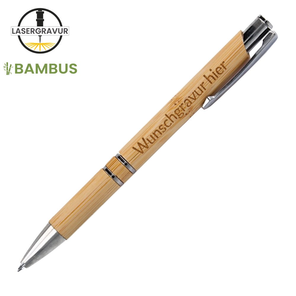 Bambus Kugelschreiber Nikox mit gestanztem Clip und Kontrastdetails in Chrom - Drucksaal