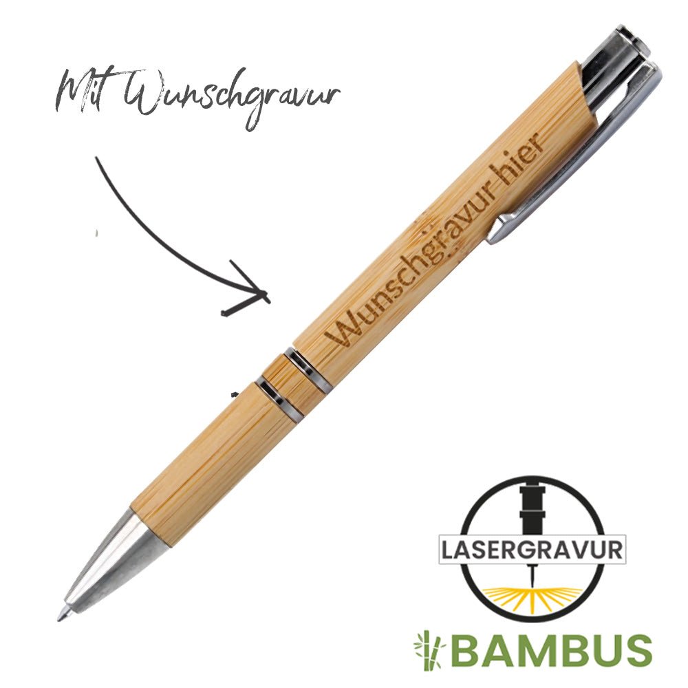 Bambus Kugelschreiber Nikox mit gestanztem Clip und Kontrastdetails in Chrom - Drucksaal