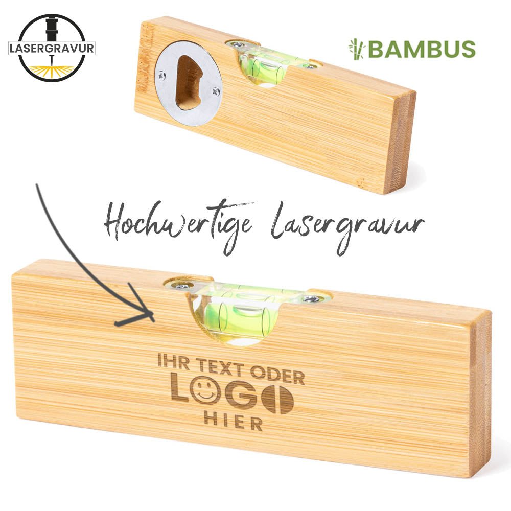 Bambus Wasserwaage mit Flaschenöffner - Lasergravur - Drucksaal