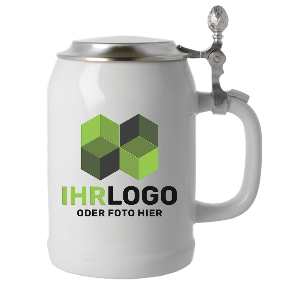 Bierkrug weiß 0,5 mit Zinndeckel - Drucksaal