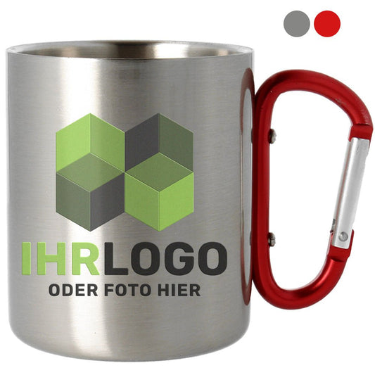 Edelstahltasse groß mit Karabiner - Drucksaal