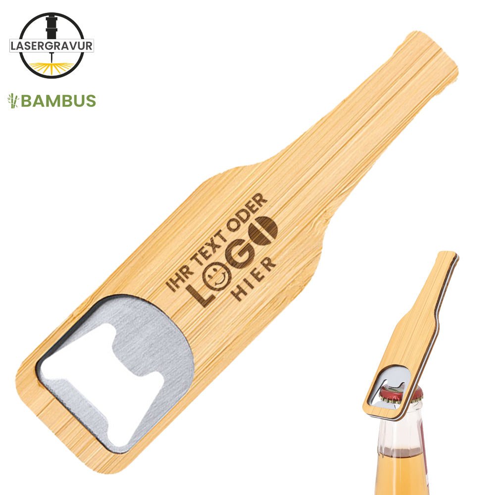Flaschenöffner/ Kaselheber mit Flaschen - Design aus Bambus und Metall. - Drucksaal