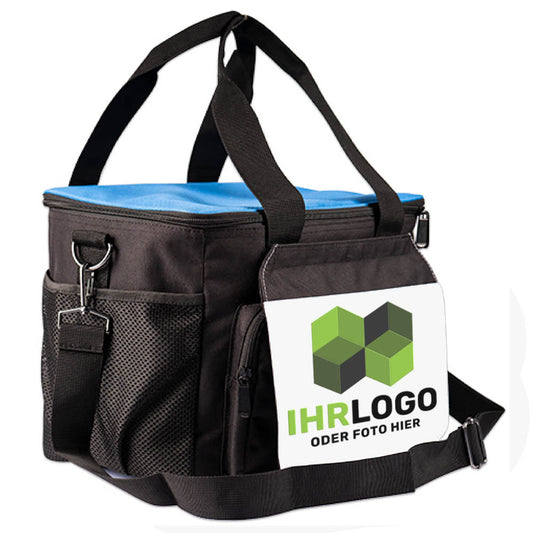 Kühltasche schwarz mit blauem Deckel mit Reißverschluss - Drucksaal