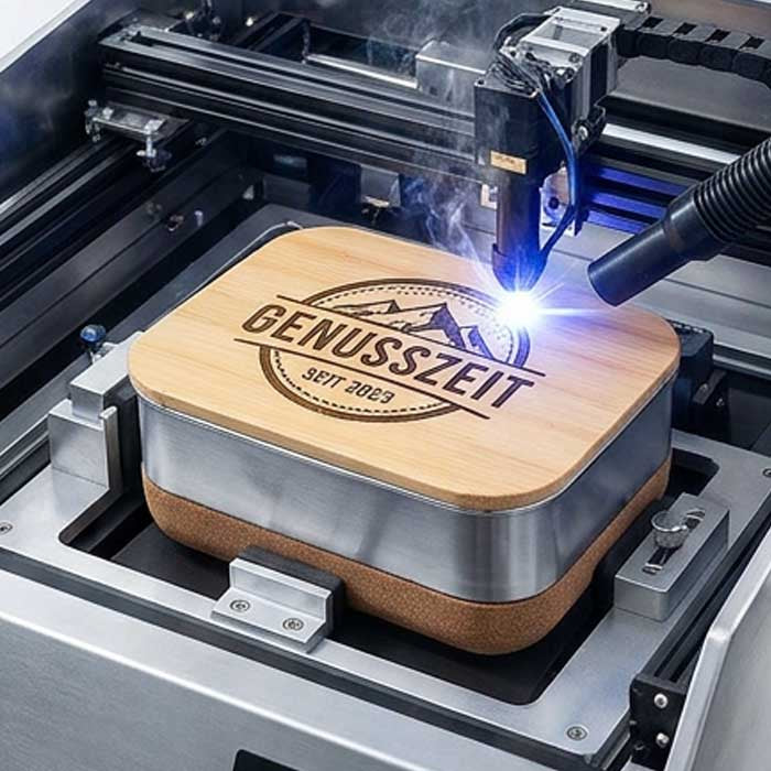 Beispiel Lasergravur auf Brotdose mit Bambusdeckel