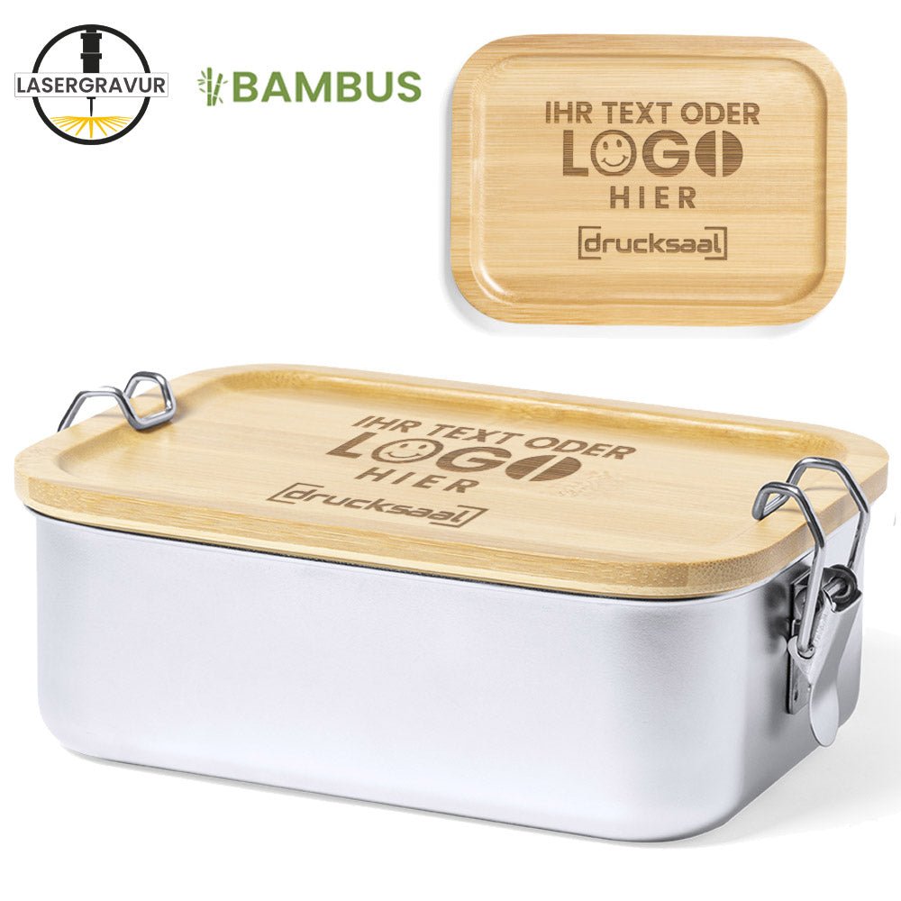 Lunchbox Edelstahl 800 ml mit Bambusdeckel und Sicherheitsverschluss - Drucksaal