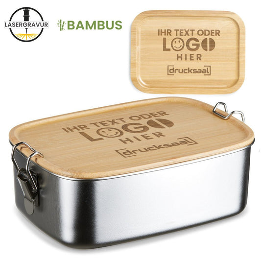 Lunchbox Edelstahl 800 ml mit Bambusdeckel und Sicherheitsverschluss - Drucksaal