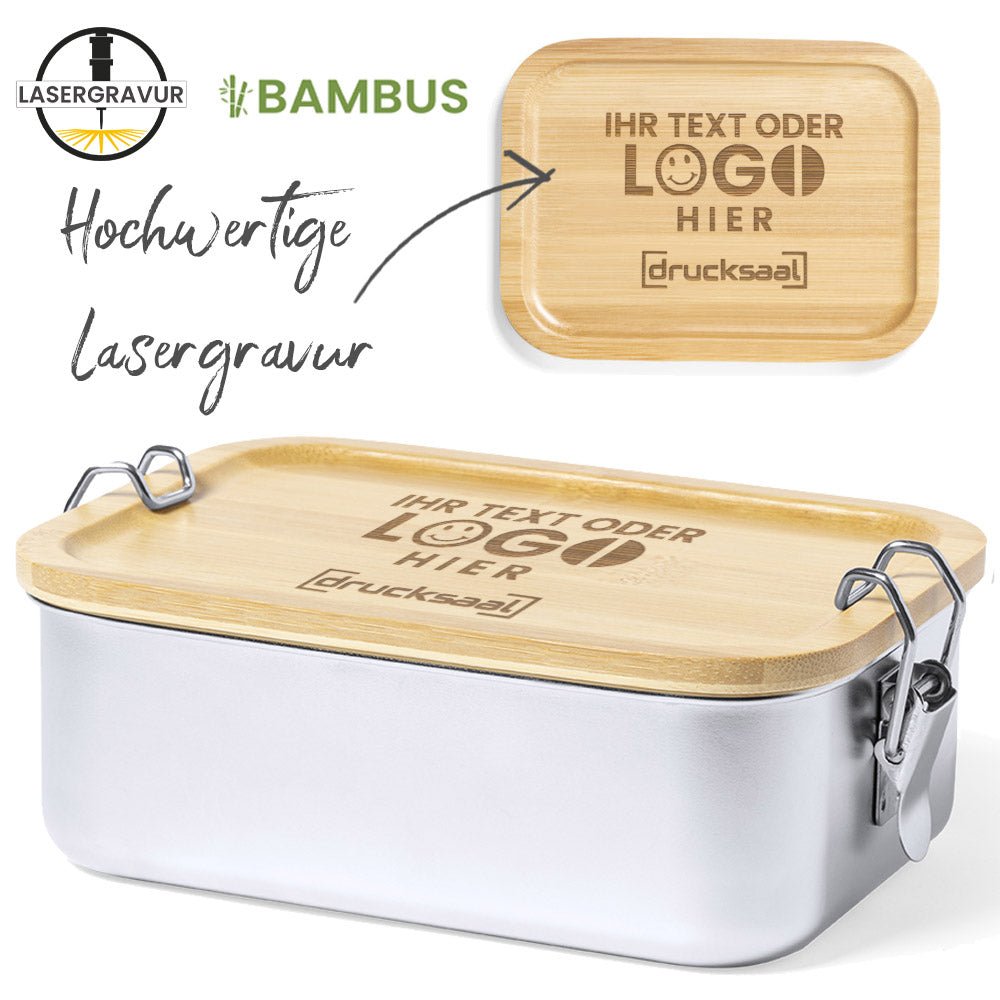 Lunchbox Edelstahl 800 ml mit Bambusdeckel und Sicherheitsverschluss - Drucksaal