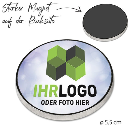 Metallmagnet Silber mit bedruckbarem weißen Alu - Einsatz in rund - Drucksaal