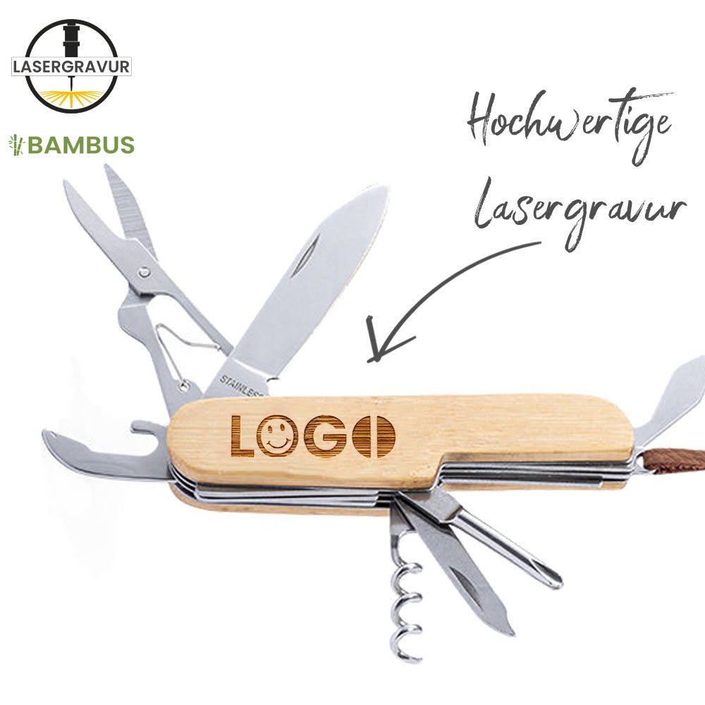 Multifunktionstaschenmesser mit Bambusgehäuse und Lasergravur - Drucksaal