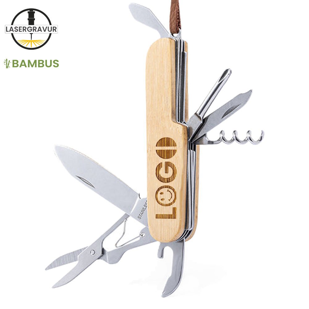 Multifunktionstaschenmesser mit Bambusgehäuse und Lasergravur - Drucksaal