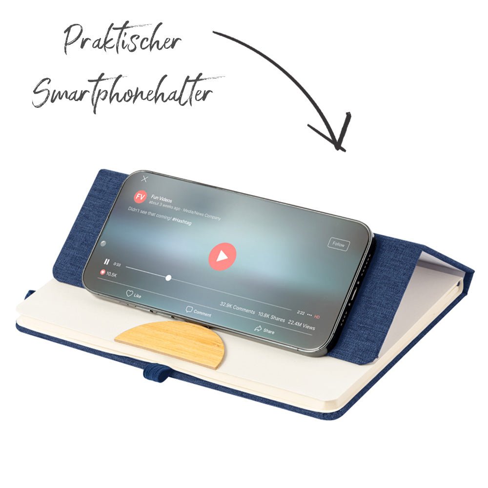 Notizbuch mit Smartphonehalter aus RPET 300D u. Bambus - Drucksaal