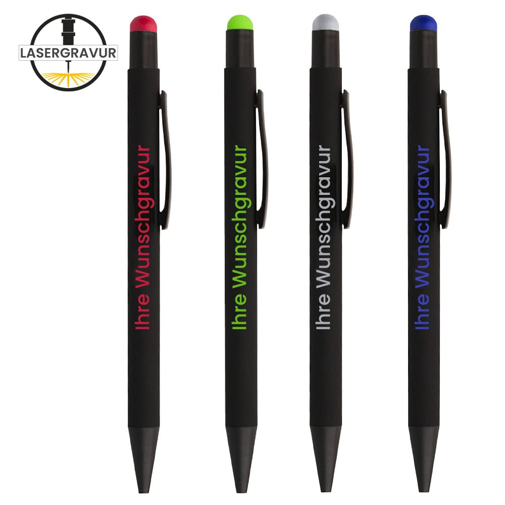 Pointer Kugelschreiber in schwarz und Druckknopf in verschiedenen Farben - Drucksaal