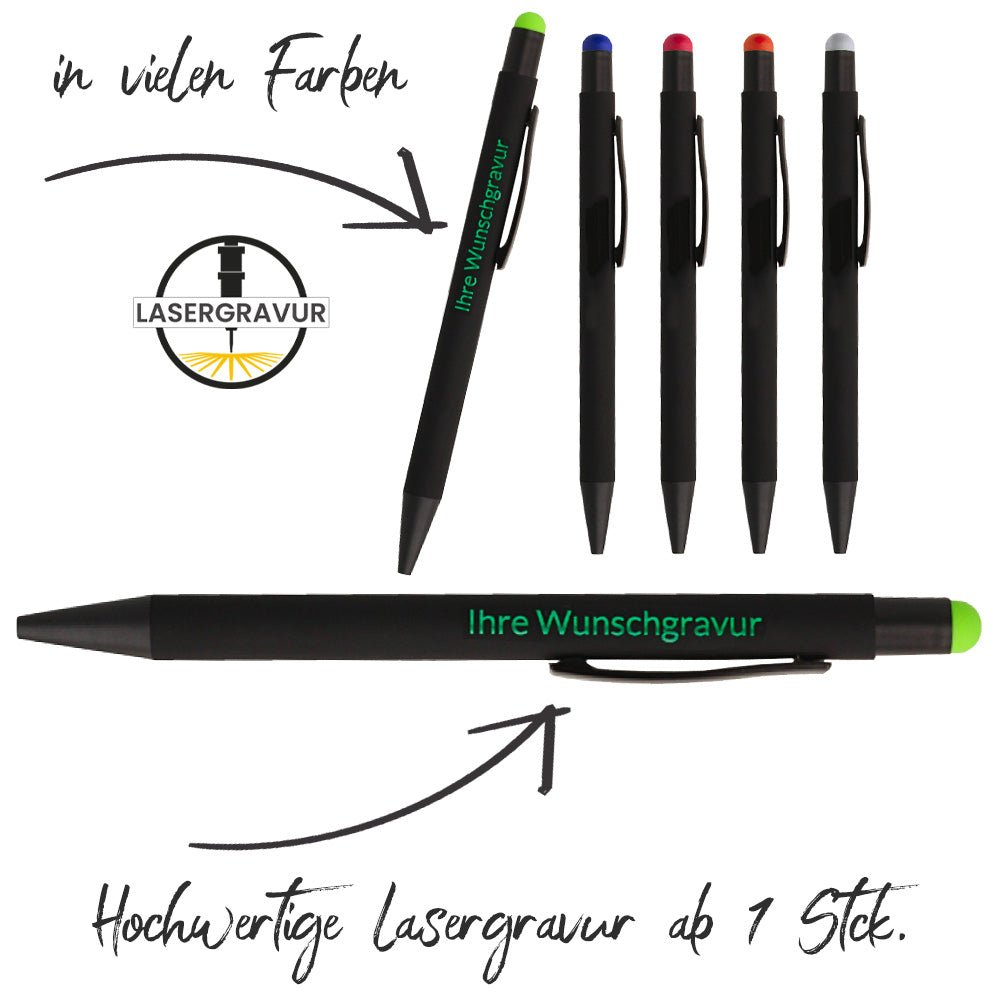 Pointer Kugelschreiber in schwarz und Druckknopf in verschiedenen Farben - Drucksaal