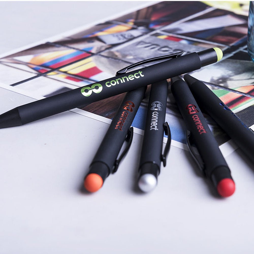 Pointer Kugelschreiber in schwarz und Druckknopf in verschiedenen Farben - Drucksaal