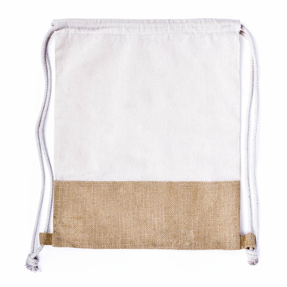 Rucksack mit Kordelzug - Unterteil aus robusten Jutefasern - Drucksaal