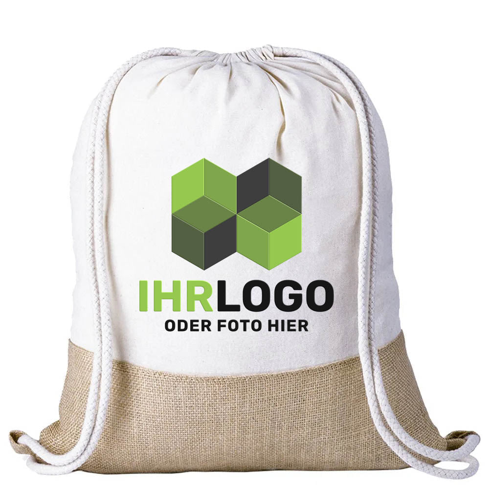 Rucksack mit Kordelzug - Unterteil aus robusten Jutefasern - Drucksaal