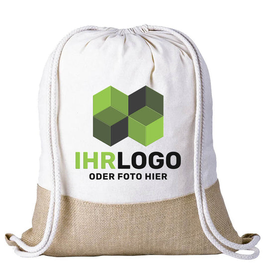 Rucksack mit Kordelzug - Unterteil aus robusten Jutefasern - Drucksaal
