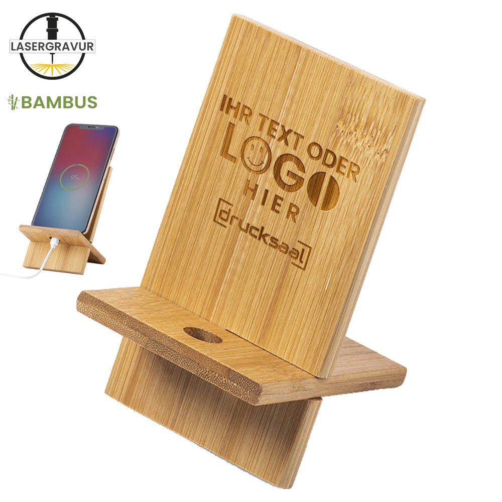 Smartphonehalter aus Bambus mit Lasergravur - Drucksaal