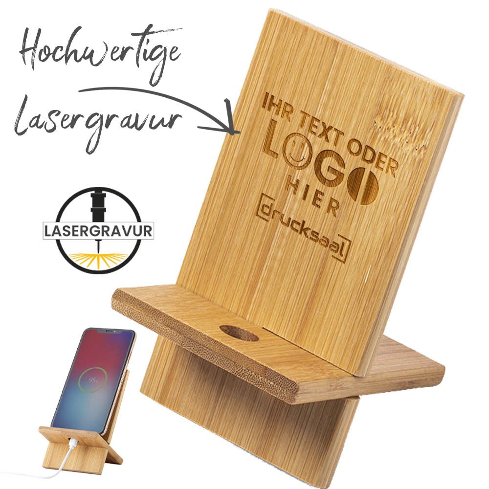 Smartphonehalter aus Bambus mit Lasergravur - Drucksaal