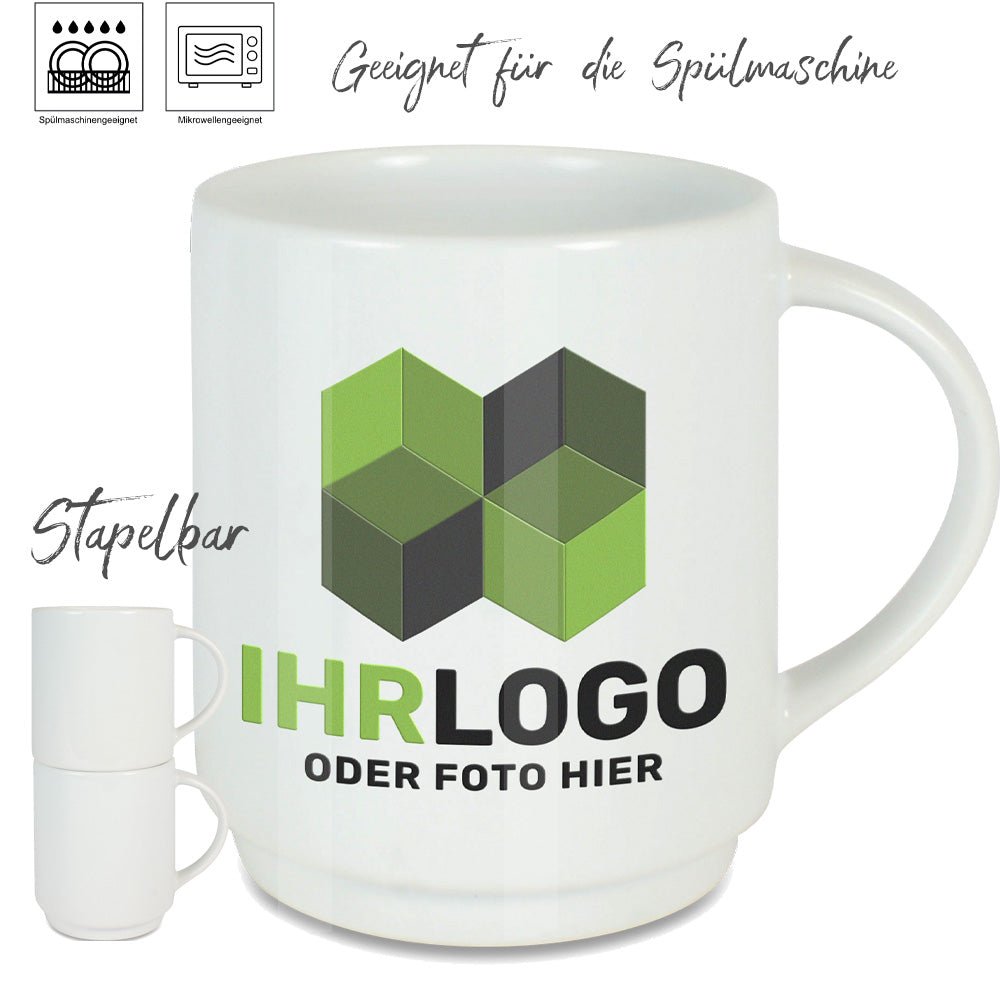 Stapelbare Keramiktasse mit filigranem Henkel - Drucksaal