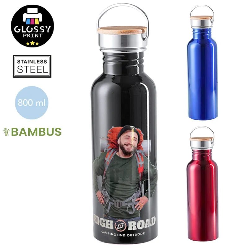 Personalisierte Trinkflasche 800 ml mit Bambusdeckel - Drucksaal
