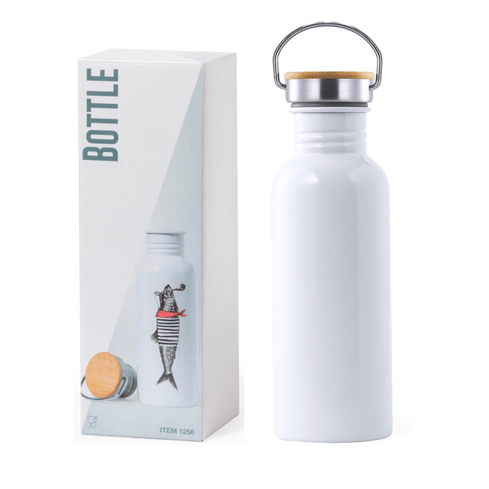 Trinkflasche "Pruk" aus Edelstahl, 700 ml mit Bambusverschluss u. Tragegriff