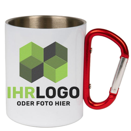 Weiße Edelstahltasse mit Karabiner - Drucksaal