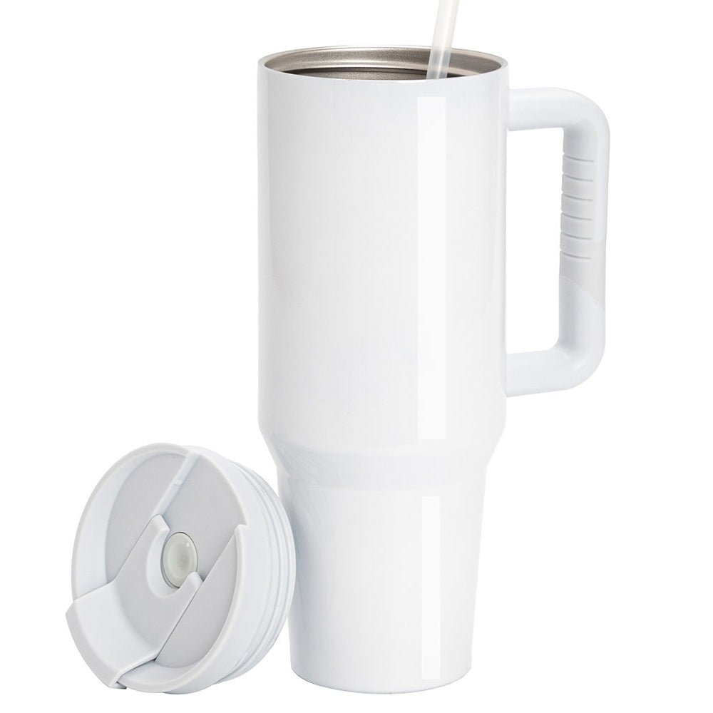 XXL Edelstahl Thermobecher mit Henkel, Flip - Deckel und Kunststoffhalm - Drucksaal