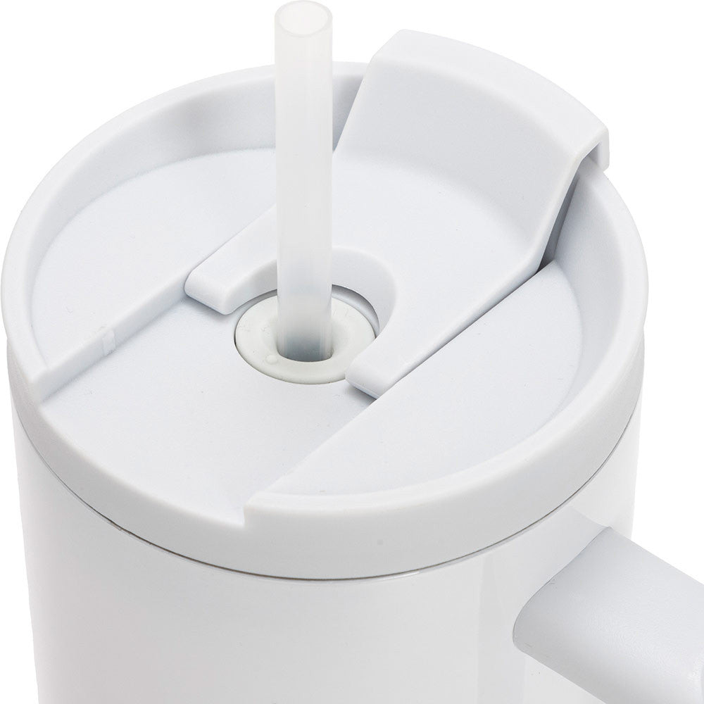 XXL Edelstahl Thermobecher mit Henkel, Flip - Deckel und Kunststoffhalm - Drucksaal