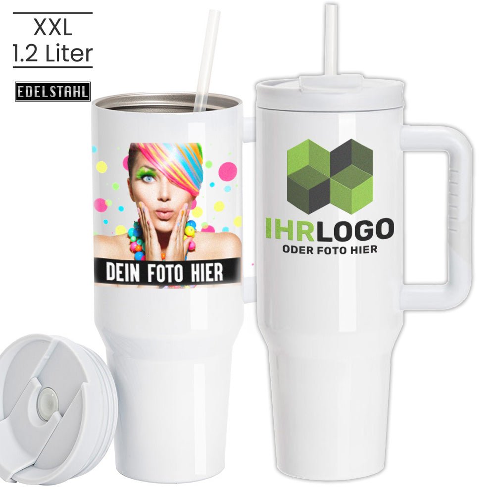 XXL Edelstahl Thermobecher mit Henkel, Flip - Deckel und Kunststoffhalm - Drucksaal